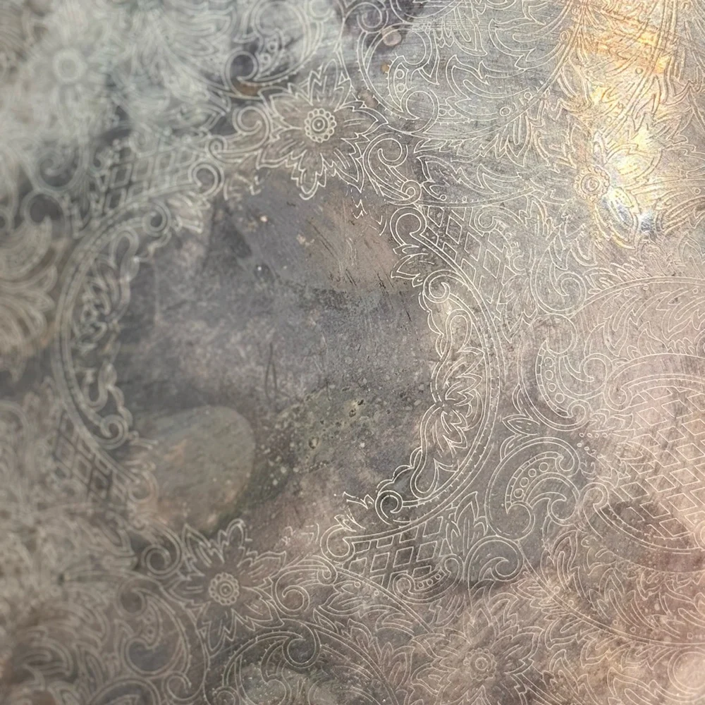 Vintage Ornate Engraved Silverplate Tray Round Heavy Patina